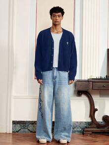 SWAVVY Cárdigan de manga larga con cuello en V, abotonado, con bordado de corazón para hombre - azul real - Ver 3