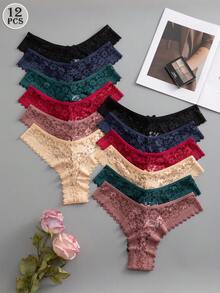 SHEIN Fantasy-Elegant Multicolor Lace Thongs With Plant Pattern And Contrast Trim For Women - Multicolor - View 3