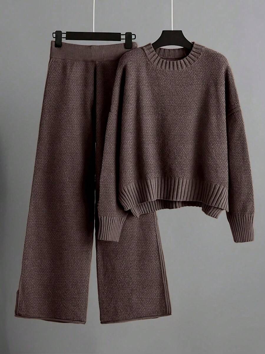 Franclia 2pcs Solid Color Knitted Sweater And Pants Set, Casual & Versatile, Autumn/Winter - Coffee Brown - View 1