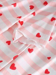 Conjunto de Roupas Domésticas para Adolescentes: Camiseta de Gola Redonda + Calça de Perna Reta, Tecido Macio e Amigável à Pele, Estampa de Coração Espalhada, Estilo Minimalista, Textura Canelada, Visual Elegante, Adequado para Uso Casual - Rosa chiclete - Visão 7