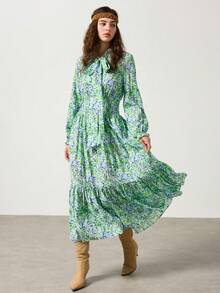 Silhoulove Women's Elegant Frill Trim Tie Neck Gathered Waist Flared Hem Long Sleeve Dress - Multicolor - View 1