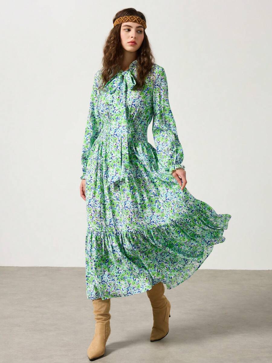 Silhoulove Women's Elegant Frill Trim Tie Neck Gathered Waist Flared Hem Long Sleeve Dress - Multicolor - View 1
