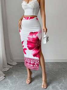 Elenzga Women's Floral Print High Slit Ruched Fashionable Skirt - Hot Pink - View 3