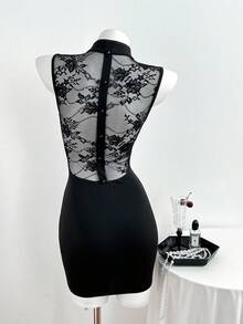 Elamini Women's Sexy And Elegant Black Sleeveless Mini Dress, Contrast Lace Open Back Cheongsam Collar, Elegant Outfit For Autumn/Winter, Versatile For Party Occasions. Suitable For Christmas Parties, New Year's Eve Parties And Valentine's Day.