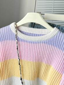 SHEIN 少女长袖厚针织毛衣，简约风格，秋冬美学彩虹毛衣 - 黃色 - 查看 3