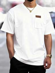 Manfinity Homme Men's Slim Fit Crew Neck Short Sleeve T-Shirt With Left Chest Pocket And Leather Label Mens Pocket T Shirt Men White T Shirt Men Clothes Tee Men Street Wear Shirt White T Shirt For Men Old Money,Daily Leisure, Weekend Trips, Outdoor Activities, Travel Expeditions, Relaxed Work Environments Or Semi-Formal Occasions, Boyfriend/Husband Gift, Anniversary /Birthday Gift Party Christmas New Years