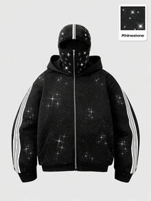 Manfinity Roghcode 男士连帽卫衣，拉链连帽衫，保暖内衬，亮片面料和图案，星空图案，秋冬街头服饰，圣诞节，街头风，男女皆宜，情侣款，说唱歌手，男友礼物，闪亮星星外套，男士街头服饰，宽松。品牌，“我爱我的男友”，图案 - 黑色 - 查看 1