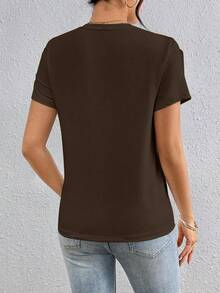 Gaivellea Kaos Lengan Pendek Wanita Gaya Liburan Kasual Warna Polos dengan Rumbai, Musim Panas - Chocolate Brown - View 2