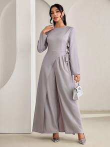 Veilorie Bộ đồ liền thân buộc dây màu trơn thanh lịch dành cho nữ khi đi làm - Màu Khaki - Xem 4