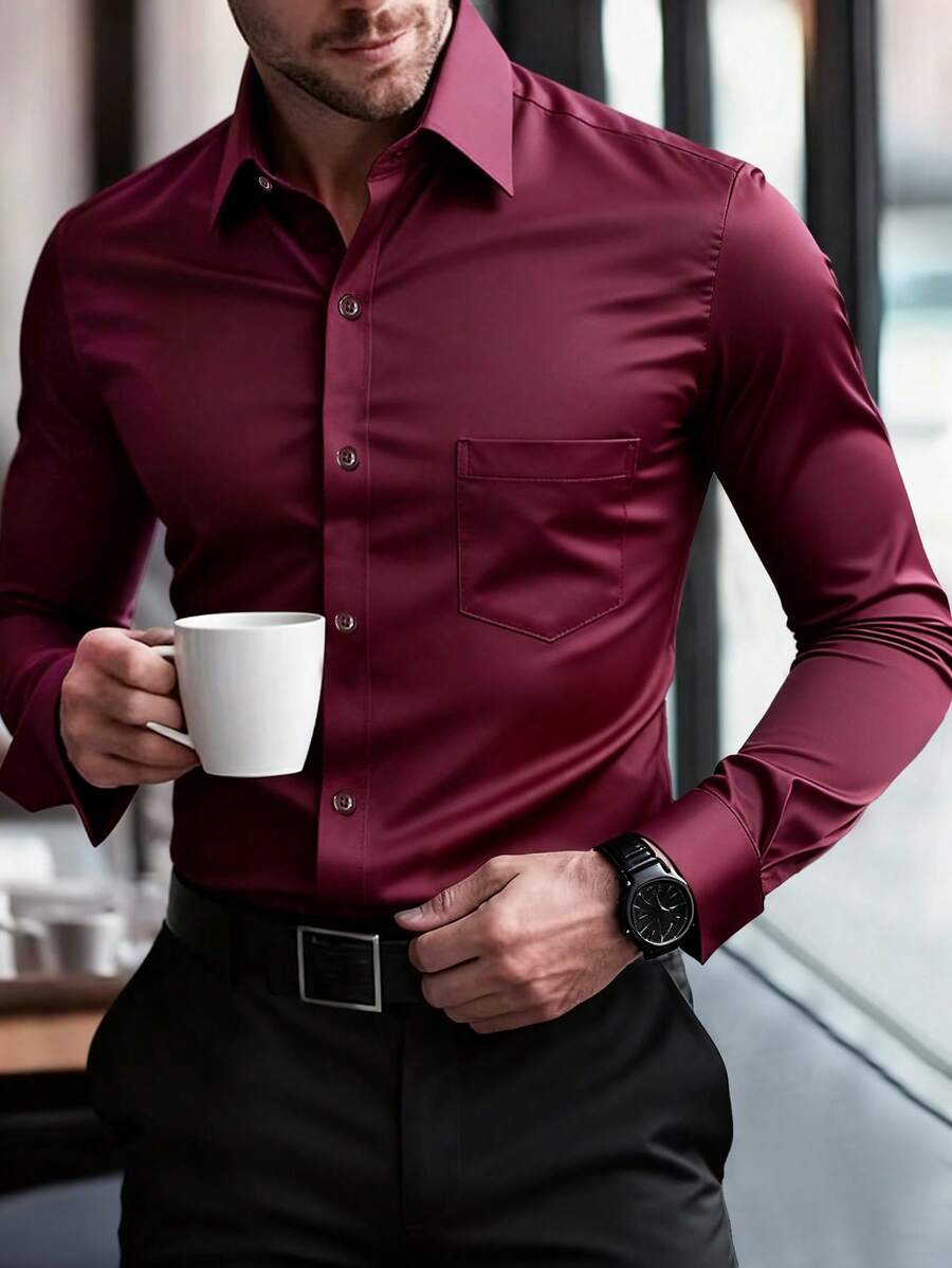 Manfinity Mode Men's Casual Solid Color Button-Down Long Sleeve Shirt - Burgundy - View 1