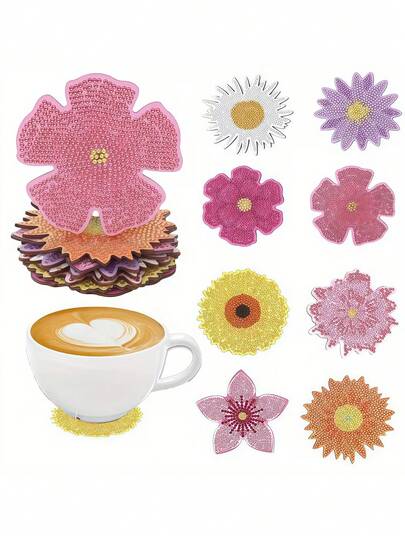 Zazumi DIY钻石画套装 - 8件套DIY钻石画艺术套装 | 花卉图案杯垫，独特造型水晶人造钻石马赛克工艺品 - 送给女性的独特礼物，减压爱好，友谊日礼物创意