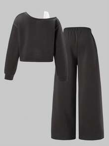 SHEIN Explorewe 2 件套 Tween Girls ME 宽松设计不对称肩部拼色印花长袖上衣和阔腿裤套装，适合日常休闲、通勤、度假、聚会、街头风格、秋冬 - 灰色 - 查看 2