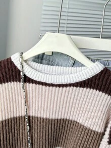 Sparklyn 女童厚针织毛衣，简约风格，长袖，秋冬款 - 棕色 - 查看 3