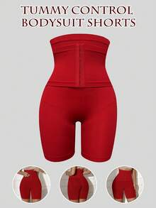 1pc High Waist Seamless Abdomen Control Slimming Shorts With Front Hook Closure - Red - View 3