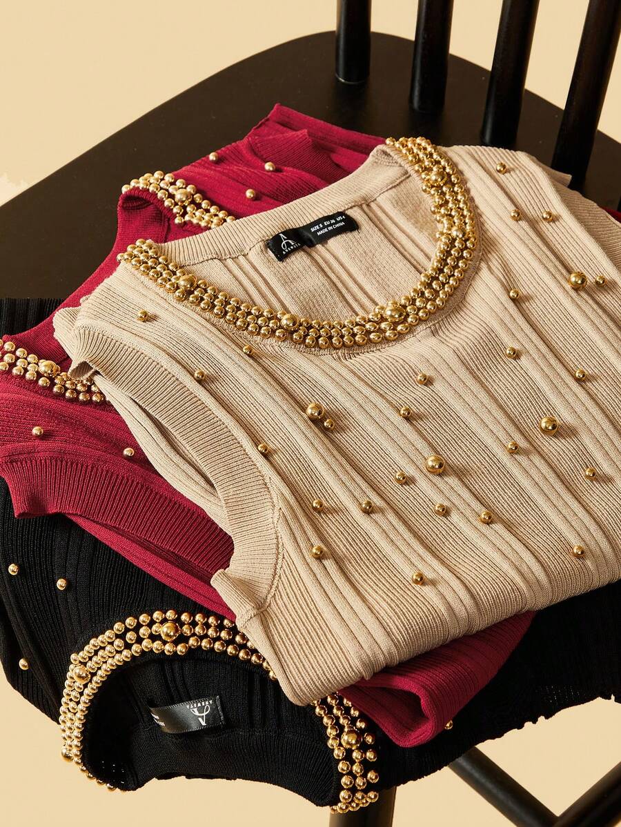 Anewsta 3 Pairs Women Elegant Sleeveless Beaded Knit Camisole Tops - Multicolor - View 1