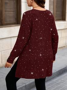 EMERY ROSE Camiseta casual y cómoda de manga larga con cuello en V, botones decorativos y estampado de salpicaduras de polvo de unicolor y acanalado para mujer de talla grande - Burdeos - Ver 2
