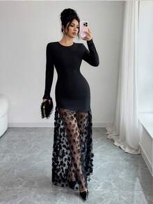 Rafferiza 女士圆领长袖拼接贴花网纱下摆优雅连衣裙 - 黑色 - 查看 3