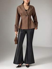 DAZY 女士时尚收腰常规款夹克，适合秋季通勤穿着 - 卡其色 - 查看 7