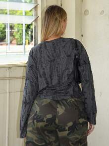 Arliah 女士圆领长袖休闲 T 恤，做旧设计，宽松舒适 - 深灰色 - 查看 2