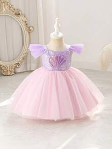 Glamorique Kids Đầm đính sequin hình vỏ sò, chân váy phồng voan màu tím ombre, đầm dự tiệc chủ đề đại dương cho bé gái. - Màu tím - Xem 8