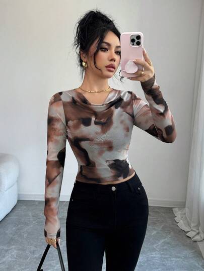 Elenzga Blusa de malla de manga larga con estampado de moda para mujer