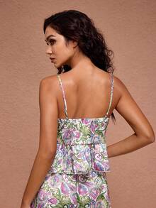 JIAN LASALA 全印花缎面吊带系带荷叶边下摆睡衣上衣 女士休闲家居服 沙滩生日睡衣 - 彩色 - 查看 2