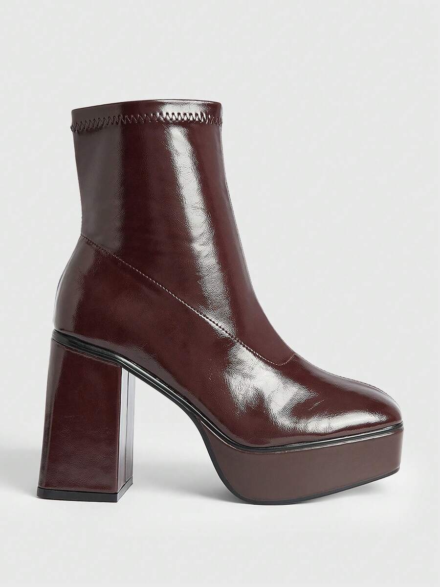 SHEIN X Lucía Bellido Sugerpunk Women's Fashion Versatile Commuting Thick Sole Chunky High Heel Ankle Boots - Mocha Brown - View 1