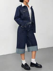 SHEIN Casual Commuter Jacket & Wide Leg Jeans Set - Dark Wash - View 3