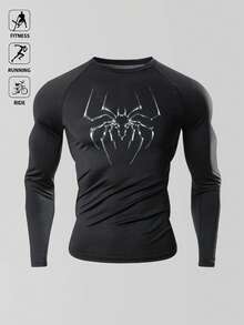 Acti Log 1 件男士休闲运动印花长袖 T 恤男士压缩衬衫氨纶衬衫压缩长袖男士压缩上衣 - 黑色 - 查看 7