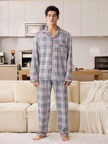 CoupledUp Classic Plaid Contrast Trim Men's Pajama Set - Multicolor - View 2