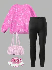 Sparklyn 2pcs/Set KPOP Graphic Print Top, Tween Girls Crew Neck Sweatshirt And Leggings Set, Fashionable Casual, Suitable For Autumn/Winter - Multicolor - View 5