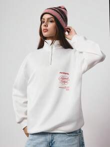 SURIMA Women's Knitted Fabric Regular Length White Sweatshirt With Stand Collar Long Sleeves And Christmas Graphic - White - View 2