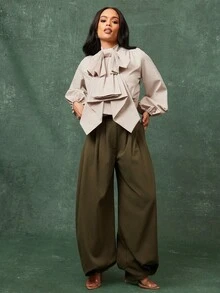 Vixey Cuffed Hem Pleated High Waist Baggy Harem Office Pants