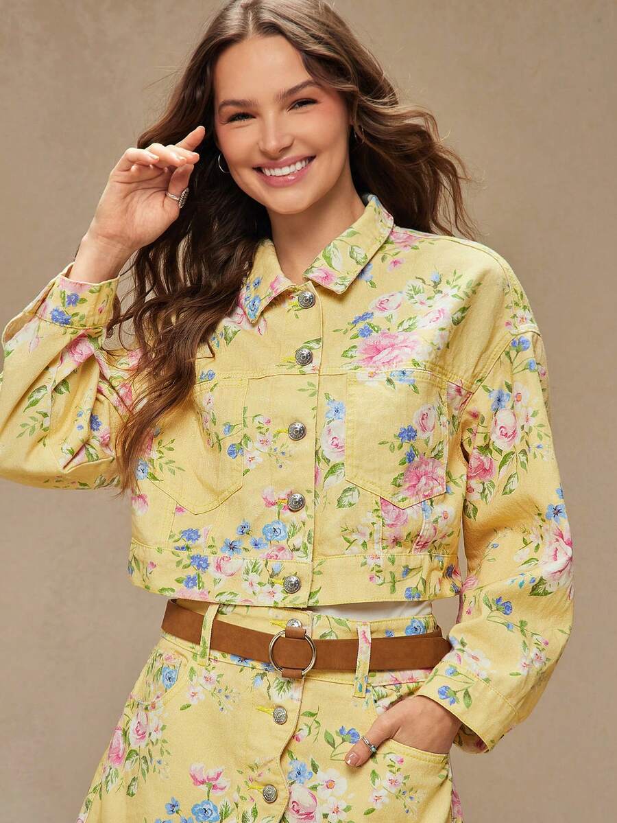 WESTFADE Collared Button Front Western Seamed 100% Cotton Denim Flower Print Denim Jacket Boho, Fall, Autumn, Winter, Country Concert - Multicolor - View 1