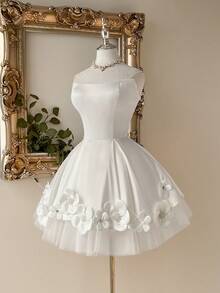 Lovelzi 优雅奢华白色缎面手工3D立体花卉装饰复古腰线泡泡裙摆短款连衣裙，适合婚礼、新娘礼服、晚宴、派对、礼品等场合。 - 白色 - 查看 7