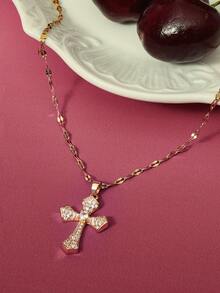 Glisma 1pc Luxury Copper Zirconia Cross Pendant Necklace For Women - Cross - View 3
