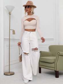 SHEIN ICON Washed Denim Blue High Waist Ripped Wide Leg Jeans - White - View 5