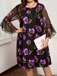 EMERY ROSE Vestido de fiesta elegante con estampado floral y mangas acampanadas para tallas grandes