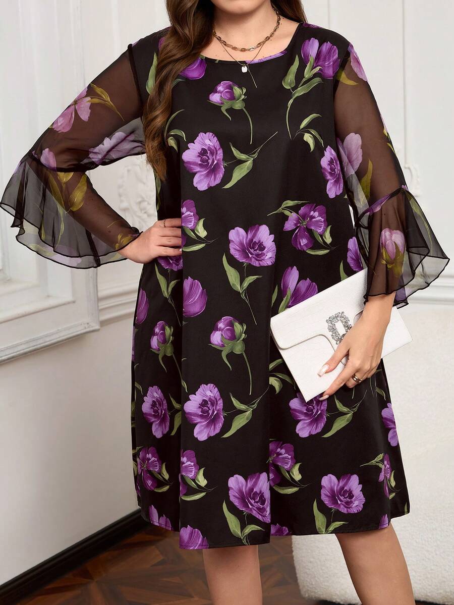 EMERY ROSE Vestido de fiesta elegante con estampado floral y mangas acampanadas para tallas grandes