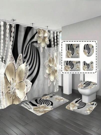SHEIN 1pc/4pcs Bathroom Curtains Shower Set, Floral & Faux Pearl Pattern Shower Curtains, Bathroom Decor, Bathroom Rug, Home Decoration, Bath Mat, Classic Luxury Style Bathroom Set, Comes With 12 Hooks Summer Bathroom Accessories Back To School