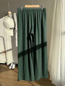 Comfortcana 夏季纯色皱褶纹理宽松抽绳系带腰部 100% 纯棉休闲阔腿裤，加大码 - 墨綠色 - 查看 7