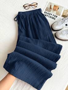 Comfortcana 大码女装夏季纯色纹理褶皱面料宽松抽绳腰带棉质休闲阔腿裤，适合度假穿着 - 藍色 - 查看 1