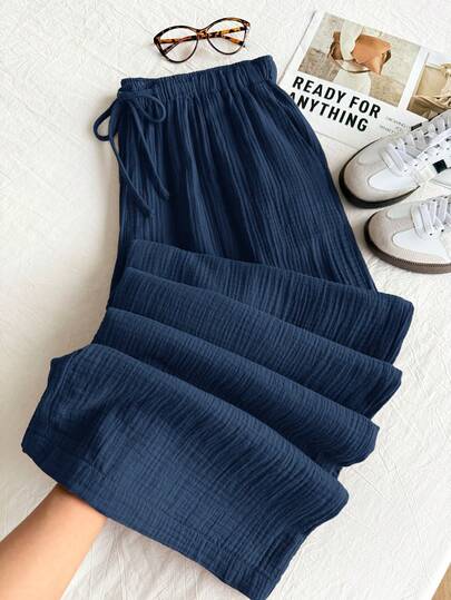 Comfortcana Plus Size Women Summer Solid Textured Crinkle Fabric Loose Drawstring Waist Tie Cotton Casual Wide Leg Pants, Suitable For Vacation