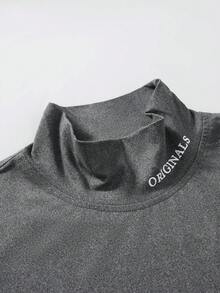 Manfinity Homme 2件/套 男士纯色立领长袖T恤，字母印花领，休闲百搭打底衫，黑白组合 - 灰色 - 查看 3