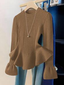 Franclia Áo len chui đầu dài tay cổ tròn viền bèo nhún màu trơn thời trang thanh lịch - Màu nâu Sô-cô-la - Xem 1