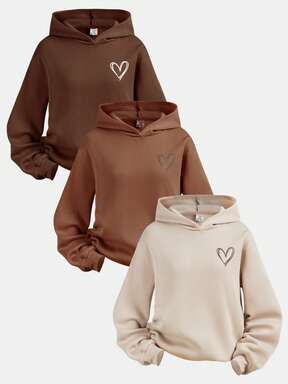 SHEIN Girlism 3 pièces/set Ensemble sweat-shirt à capuche décontracté et doux avec imprimé cœur pour adolescentes, hiver