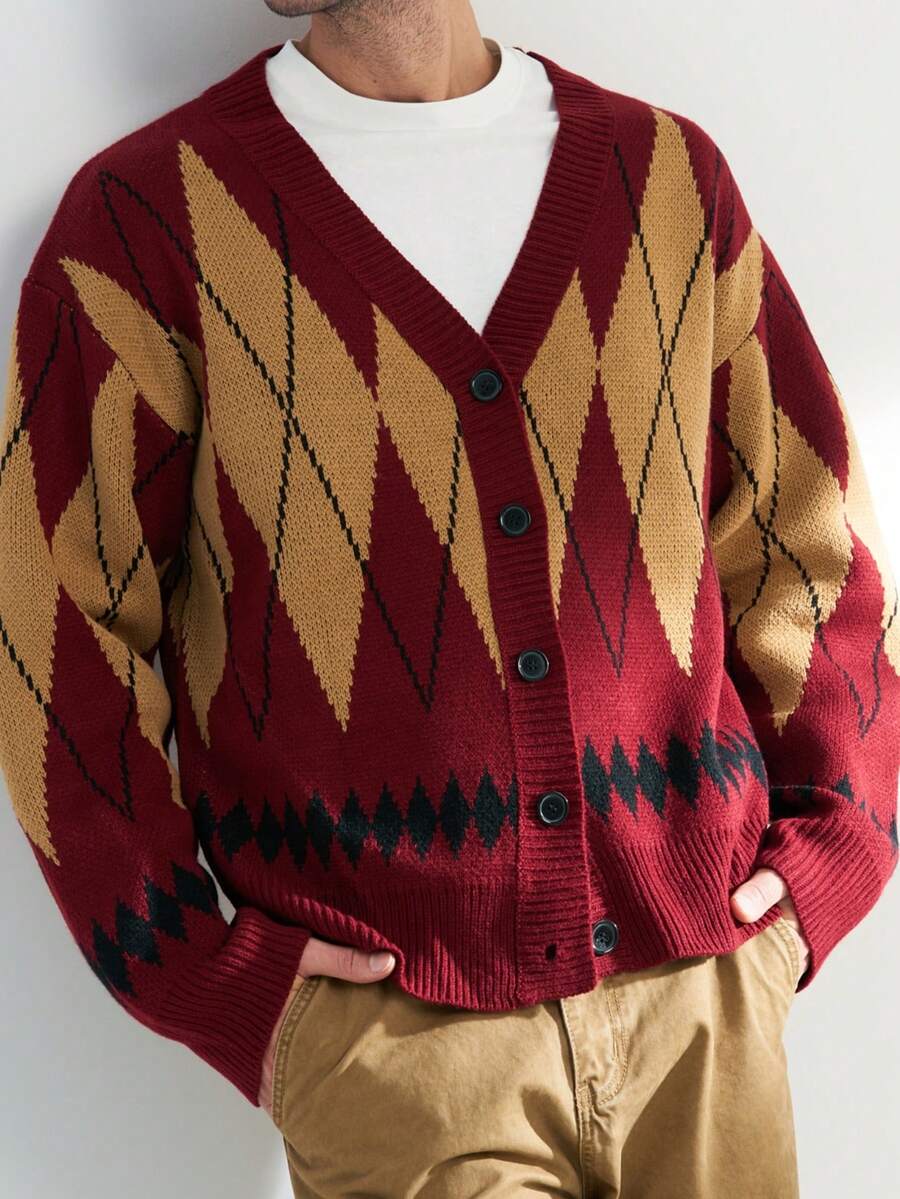 Airaco Cardigan de Tricô com Decote em V Losangular Masculino, Nova Coleção de Outono - Multicolorido - Visão 1