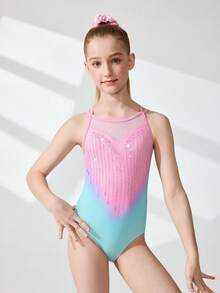 少女渐变印花水钻装饰无袖体操服，高弹力体操连体衣，适合比赛、训练、日常穿着，色彩鲜艳，舒适运动 - 彩色 - 查看 1