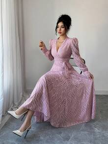 Modelyn Vestido mini con mangas abullonadas y cintura ceñida, diseño francés para mujeres - Morado - Ver 7