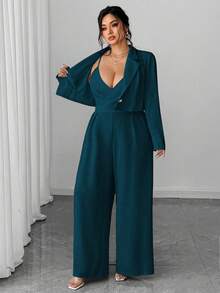 Elenzga Bộ đồ liền thân ống rộng 2 món, áo khoác blazer công sở thanh lịch tối giản dành cho nữ cỡ lớn và áo liền quần không tay thắt eo - Màu xanh ngọc - Xem 6